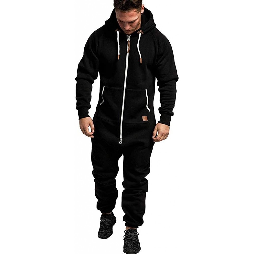 Sleep Sets Men's Unisex Jumpsuit Elegant One Piece Pajama Sleepwear Zipper Jumpsuit Pullover Hooded Sweatshirt - B-black - CY...