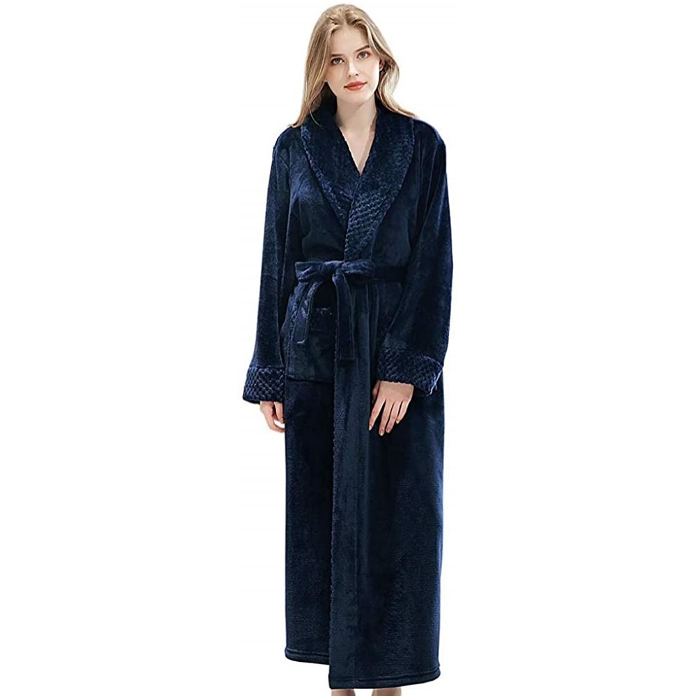 Robes Soft Warm Flannel Kimono Robe for Women Men Couples Maxi Spa Bathrobe - Women Navy Blue - C218AWIA875