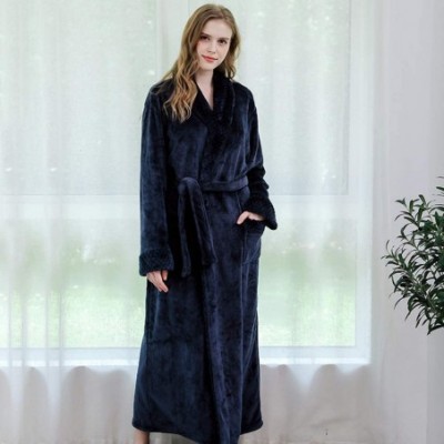 Robes Soft Warm Flannel Kimono Robe for Women Men Couples Maxi Spa Bathrobe - Women Navy Blue - C218AWIA875