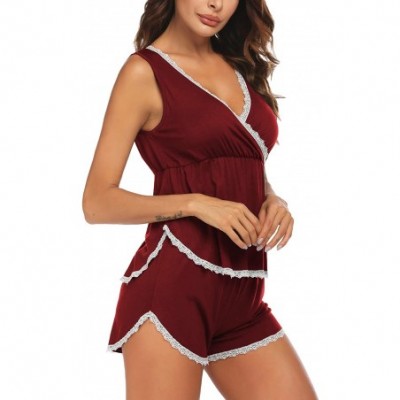 Sets Womens Pajamas Set Sleeveless Sleepwear V Neck Nightwear Soft Pj Lounge Sets XS-3XL - Wine Red - CM19CGICWIE