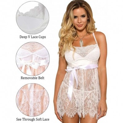 Baby Dolls & Chemises Women Mesh Lace Babydoll Lingerie Plus Size V Neck Chemise Sleepwear Dress XL-7XL - White - CL199GIADX3