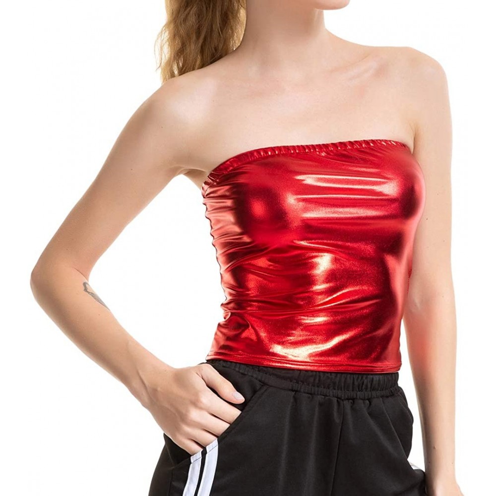 Camisoles & Tanks Women Metallic Off Shoulder Crop Top Rave Club Dance Bandeau Tube Tops - Red - C818ADK52E8