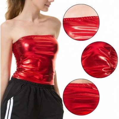 Camisoles & Tanks Women Metallic Off Shoulder Crop Top Rave Club Dance Bandeau Tube Tops - Red - C818ADK52E8