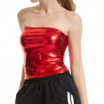 Camisoles & Tanks Women Metallic Off Shoulder Crop Top Rave Club Dance Bandeau Tube Tops - Red - C818ADK52E8