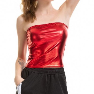 Camisoles & Tanks Women Metallic Off Shoulder Crop Top Rave Club Dance Bandeau Tube Tops - Red - C818ADK52E8