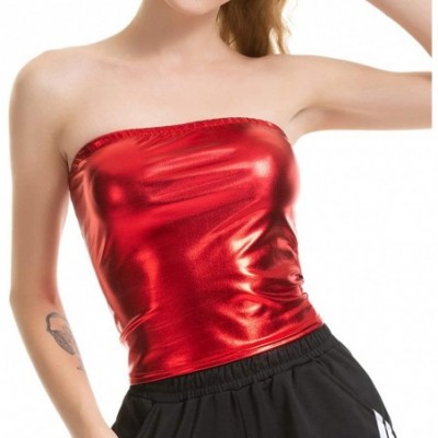 Camisoles & Tanks Women Metallic Off Shoulder Crop Top Rave Club Dance Bandeau Tube Tops - Red - C818ADK52E8