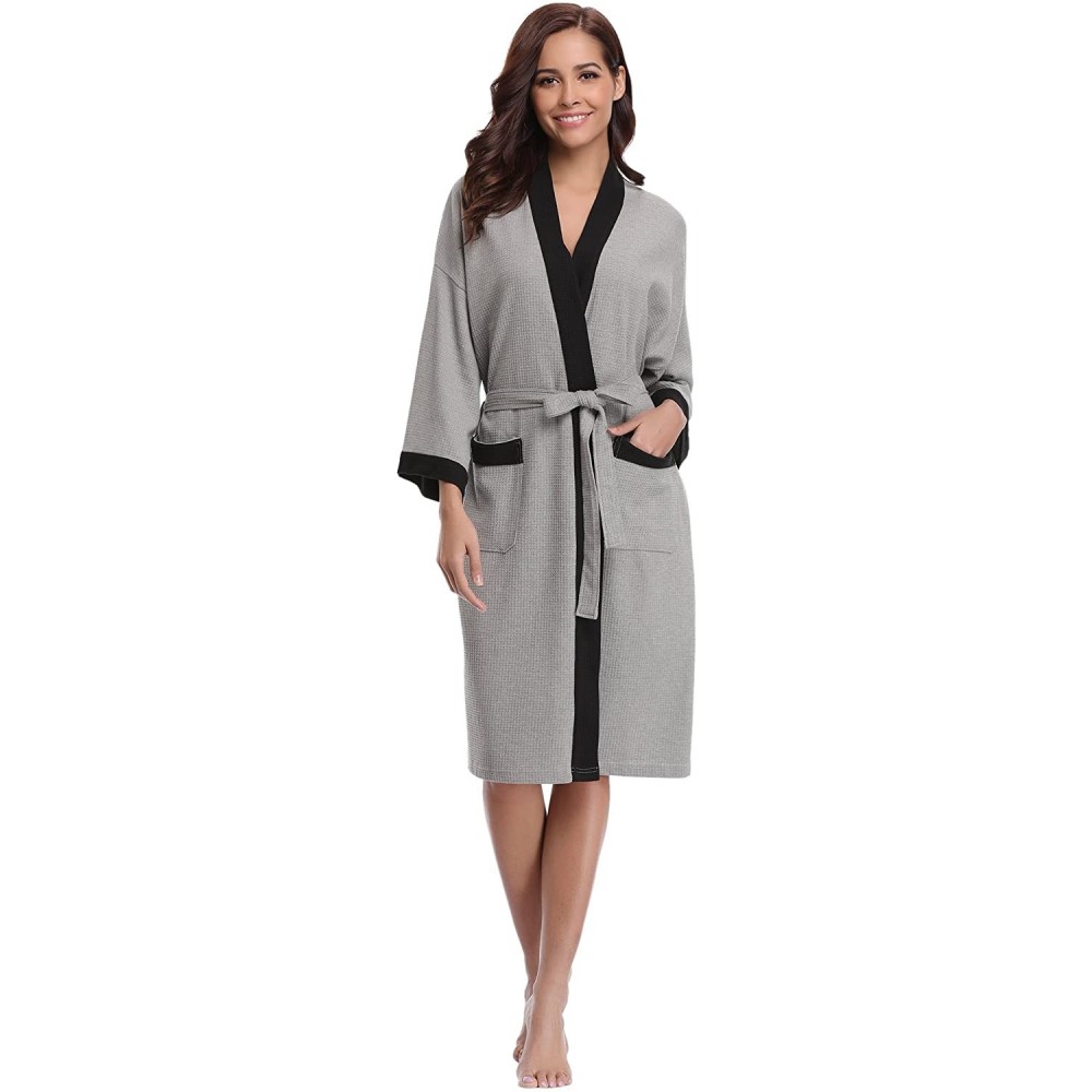 Robes Unisex Waffle Bathrobe Cotton Lightweight Nightgowns Sleepwear Spa Robe - Grey-black - C7187K0R7QH