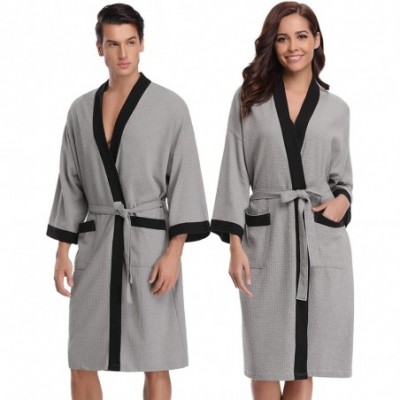 Robes Unisex Waffle Bathrobe Cotton Lightweight Nightgowns Sleepwear Spa Robe - Grey-black - C7187K0R7QH