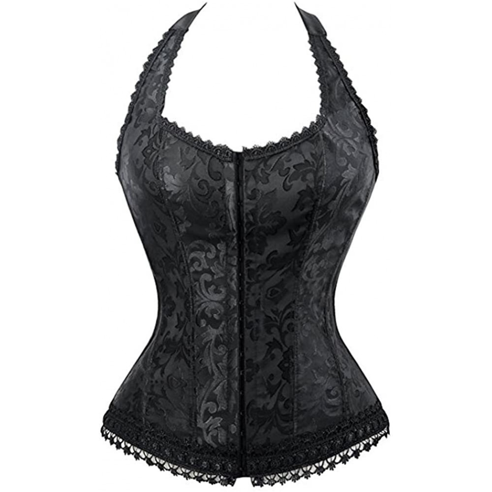 Bustiers & Corsets Women's Fashion Elegant Halter Satin Jacquard Lace Edge Corset - Black-1 - C51870RIR7A