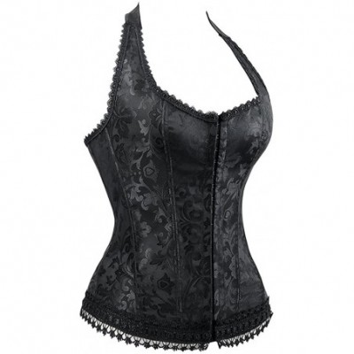 Bustiers & Corsets Women's Fashion Elegant Halter Satin Jacquard Lace Edge Corset - Black-1 - C51870RIR7A