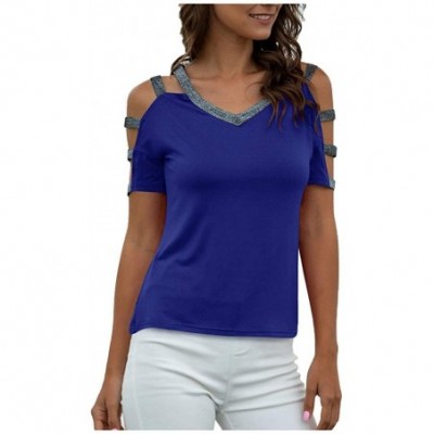 Thermal Underwear Women V-Neck Spliced Cut-Out Strapless T-Shirt Summer Casual Short Sleeved Tops - Blue - CX197K308Z3