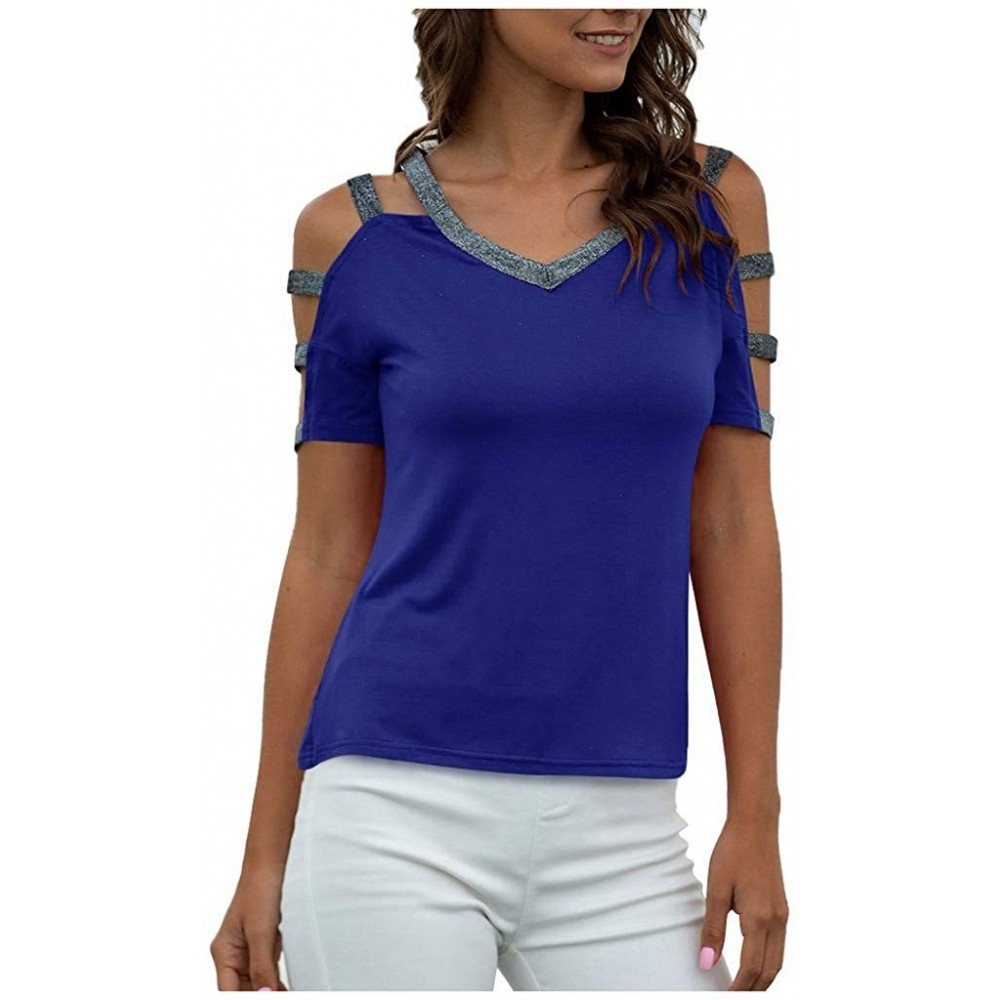 Thermal Underwear Women V-Neck Spliced Cut-Out Strapless T-Shirt Summer Casual Short Sleeved Tops - Blue - CX197K308Z3