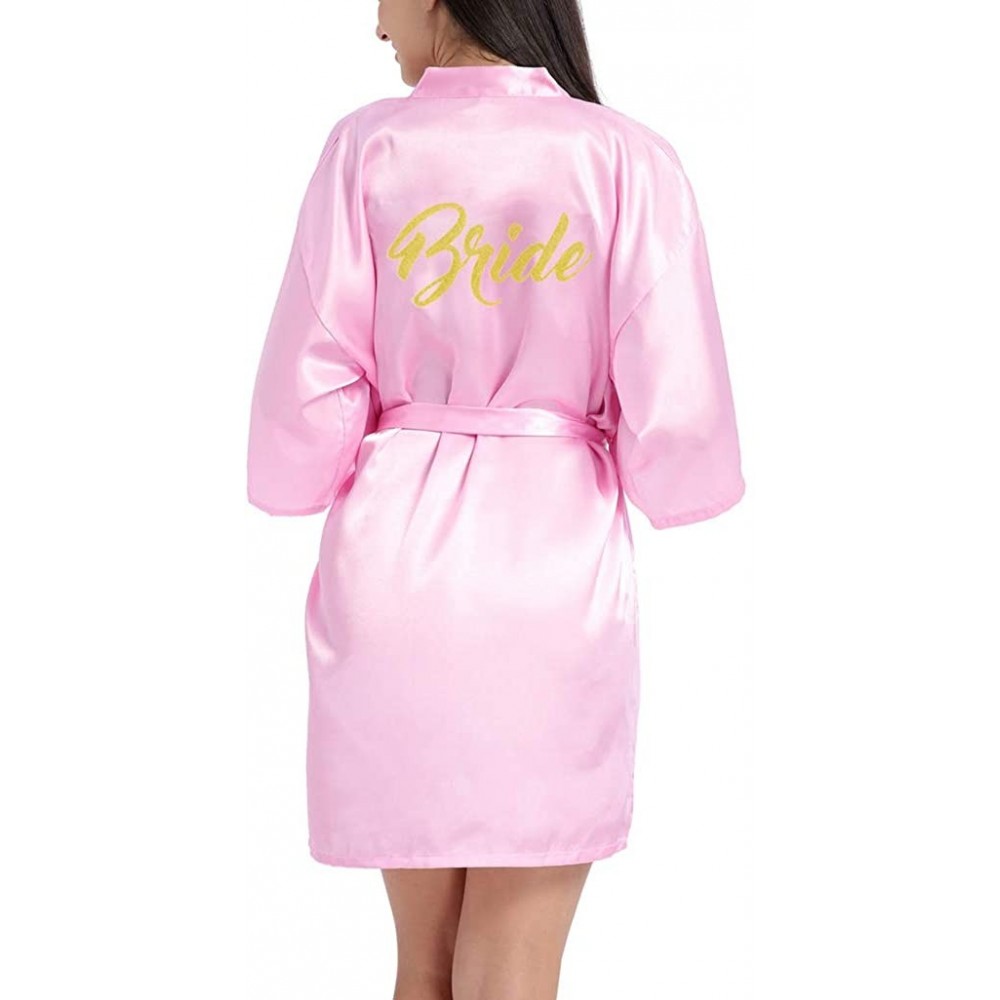 Robes Womens Satin Kimono Short Robe for Bride Wedding Party Getting Ready Robes with Gold Glitter Dressing Gown Hot Pink - C...