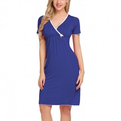 Nightgowns & Sleepshirts Women's V Neck Nightgown Wrap Nursing Nightdress Pleated Sleepwear - Blue - CZ187IERZ5L