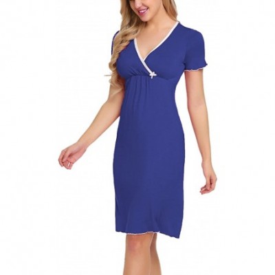 Nightgowns & Sleepshirts Women's V Neck Nightgown Wrap Nursing Nightdress Pleated Sleepwear - Blue - CZ187IERZ5L