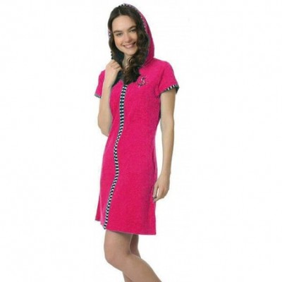 Robes Womens Baby Terry Cotton Zipper Front Short Sleeve Summer Dress Robe House Dress Beach Dress with Hood - Hot Pink - CR1...