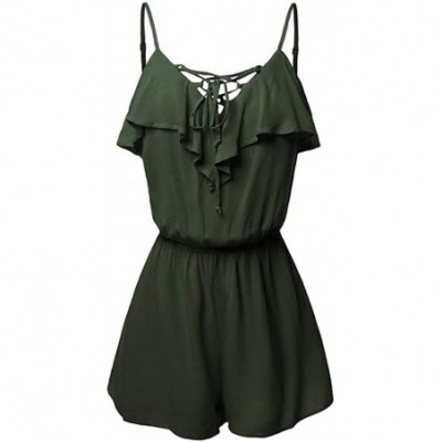 Shapewear Women's Summer Sleeveless Strappy Lace Up Solid Color Ruffle Short Jumpsuit Romper with Pockets - Green - CU1955R9K7C