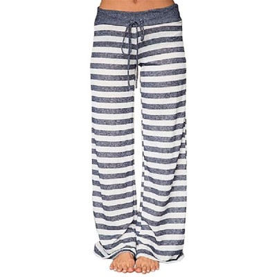 Bottoms Women's Comfy Stretch Floral Drawstring Palazzo Wide Leg Lounge Pants - Blue Stripe - CA18YUSZDML