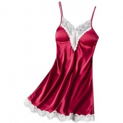 Baby Dolls & Chemises Women Sexy Lace Trim Satin Sleepwear Ladies Nightwear Nightdress Lingerie with Chest Pads (XL Red) - Re...