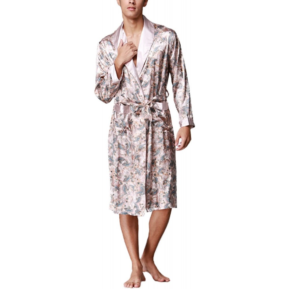 Robes Men's Lightweight Satin Sleep Robe Kimono Gown- Bathrobe for Men Long Style - Light Tan - CA18DTM42MY