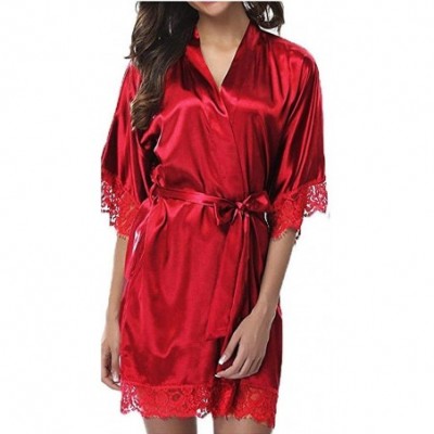 Robes Women's Pure Color Kimono Robes Short Satin Nightwear Bridesmaids Lingerie - Red - CR19979DY7H