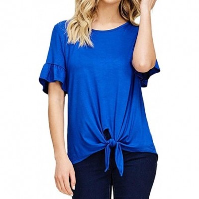 Nightgowns & Sleepshirts Casual O Neck Tops Short Sleeve Blouses Knot Tie Front Loose Tee T-Shirt for Women - Blue - CC18EUKG9HU