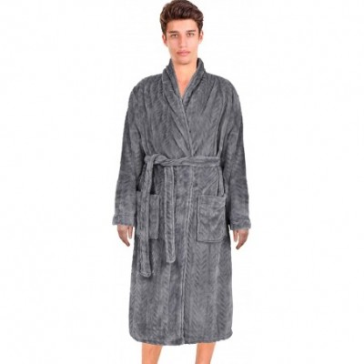 Robes Women's Fleece Long Bathrobe Herringbone Textured Soft Spa Hotel Plush Robe - Grey02 - CO18M5RGY54