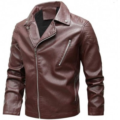 Robes Men's Vintage Asymmetric Velveted Zip Lightweight Pure Color Faux Leather Biker Jacket - Red - C2193NQ2ZUR