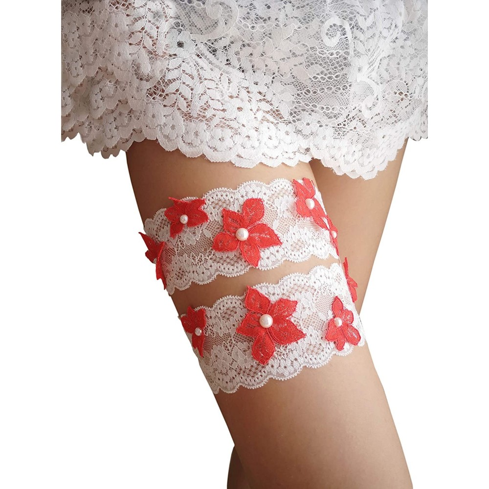 Garters & Garter Belts Bridal Garter Set Pearls Garter Set Wedding Rhinestone Garter Set G30 - Pearl Red - CP196MD70G7