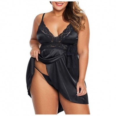 Slips Plus Size Lingerie for Women- Women Lingerie Lace Underwire Racy Muslin Sleepwear Underwear Nightdress+Briefs - Black -...