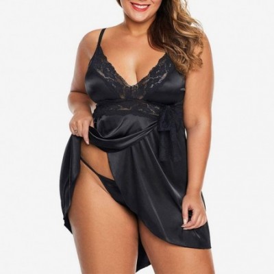 Slips Plus Size Lingerie for Women- Women Lingerie Lace Underwire Racy Muslin Sleepwear Underwear Nightdress+Briefs - Black -...