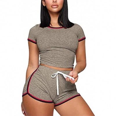 Sets Stripe Shorts Set for Women 2 Piece Casual Outfits Home Gym Workout Crop Top and Short Pants Jogger Set Light Coffee - C...