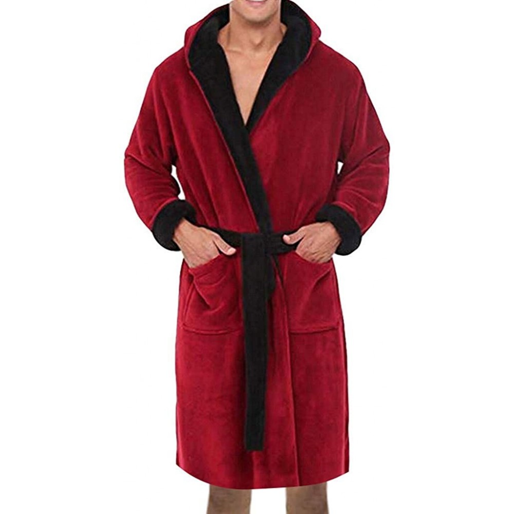 Robes Men's Comfy Fleece Hooded Robe Casual Lengthened Plush Bathrobe Shawl Home Clothes Long Sleeved Pajamas Waistband - Red...