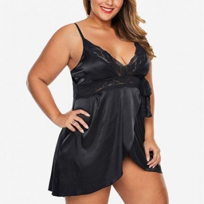 Slips Plus Size Lingerie for Women- Women Lingerie Lace Underwire Racy Muslin Sleepwear Underwear Nightdress+Briefs - Black -...