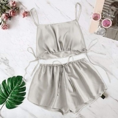 Sets 2020 New Women's Sleepwear Set Sexy Satin Cami and Shorts Lace Pajamas Nightwear 2-3 Piece Set Sleepwear - A-gray - CP19...