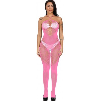 Bustiers & Corsets Teddy Lingerie for Women Babydoll Lace Features V-Neck Halter for Nightwear - Pink - C018RGA637I