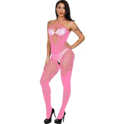 Bustiers & Corsets Teddy Lingerie for Women Babydoll Lace Features V-Neck Halter for Nightwear - Pink - C018RGA637I