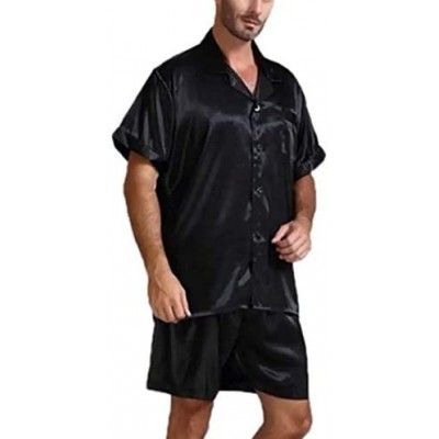 Sleep Sets Men's Button Down Satin Silky 2 Piece Pajama Set-Short Sleeve Tops+Shorts Summer Sleepwear Homewear - Black - CV19...