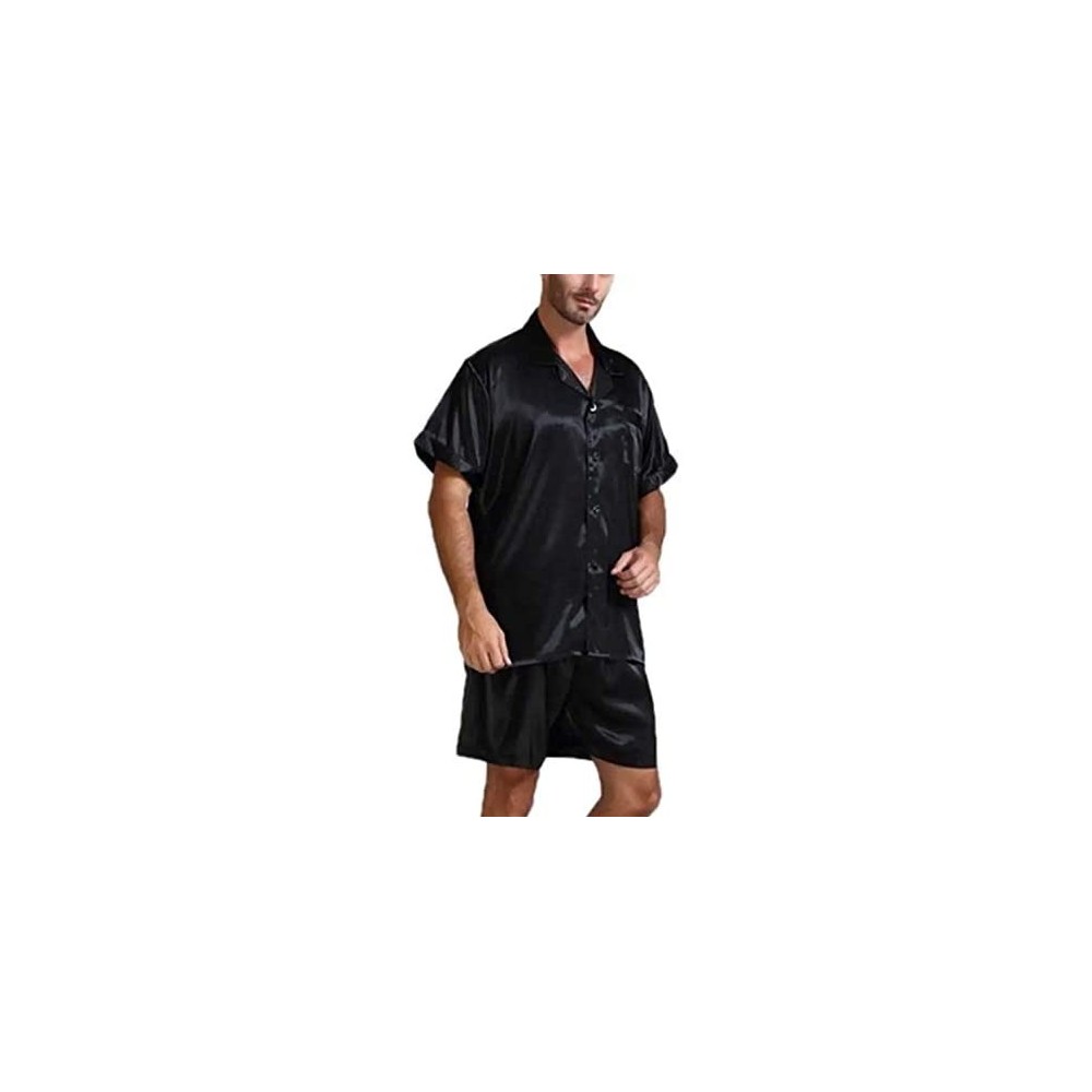 Sleep Sets Men's Button Down Satin Silky 2 Piece Pajama Set-Short Sleeve Tops+Shorts Summer Sleepwear Homewear - Black - CV19...