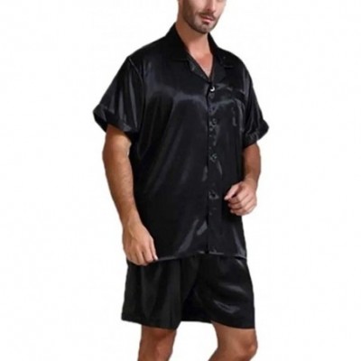 Sleep Sets Men's Button Down Satin Silky 2 Piece Pajama Set-Short Sleeve Tops+Shorts Summer Sleepwear Homewear - Black - CV19...