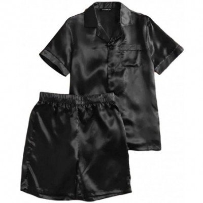 Sleep Sets Men's Button Down Satin Silky 2 Piece Pajama Set-Short Sleeve Tops+Shorts Summer Sleepwear Homewear - Black - CV19...