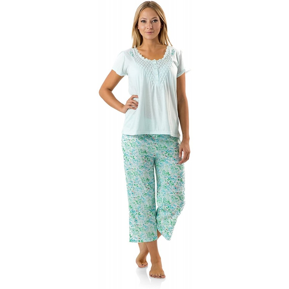 Sets Women's Short Sleeve Capri Pajama Set - Flower/Green - CP12K9W5BU9