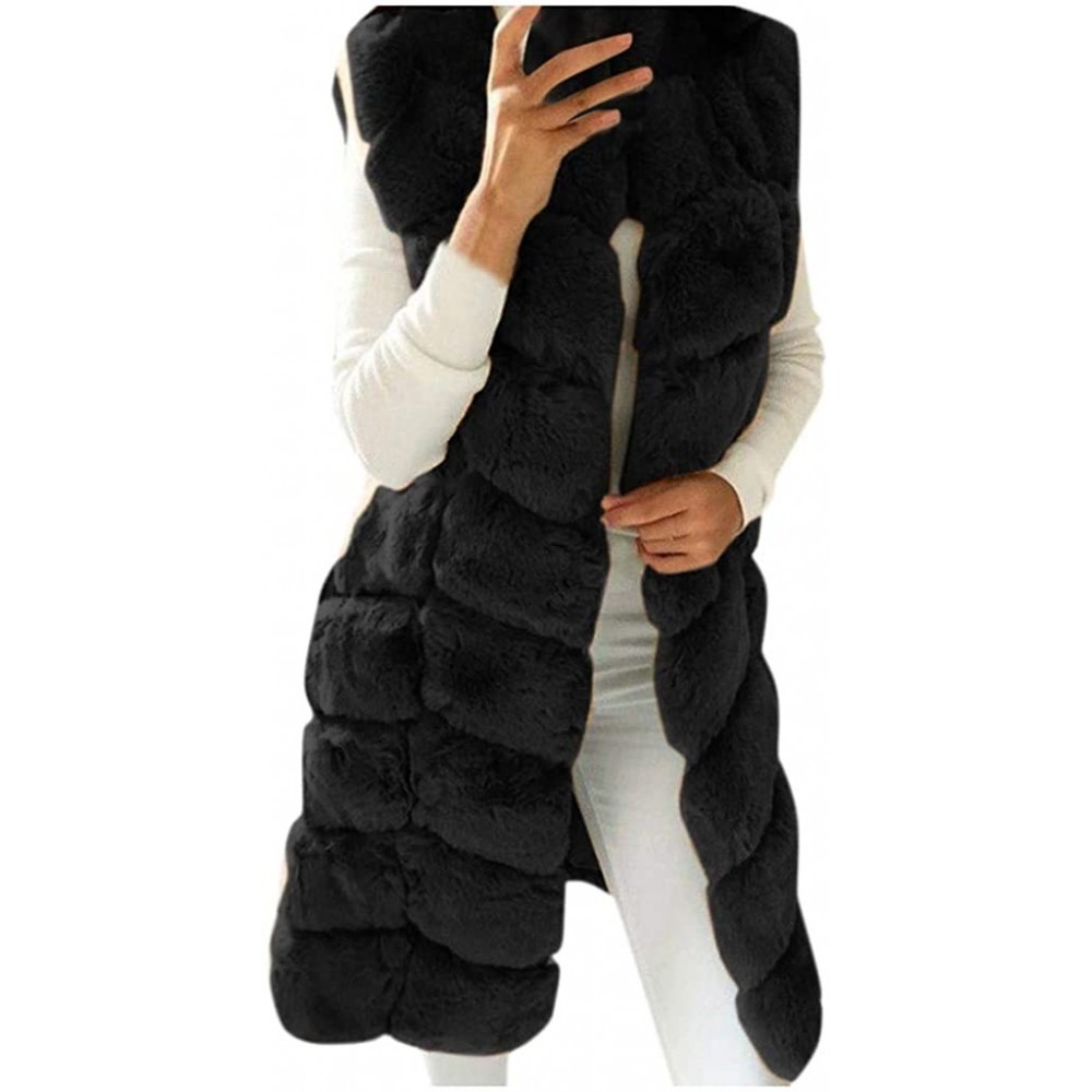 Tops Silver Fox Fur Vest Luxury Fauxfur Sleeveless Cardigan Knee Length Waistcoat Shaggy Jacket Fluffy Outwear Party Black - ...