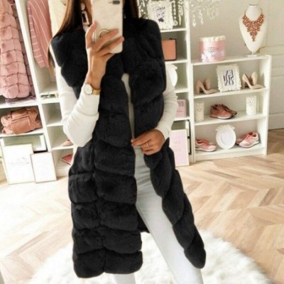 Tops Silver Fox Fur Vest Luxury Fauxfur Sleeveless Cardigan Knee Length Waistcoat Shaggy Jacket Fluffy Outwear Party Black - ...