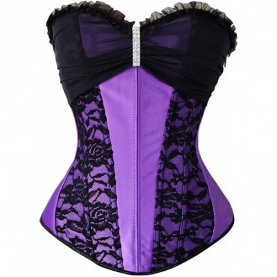 Bustiers & Corsets Women's Fashion Satin Lace Floral Boned Wedding Bridal Overbust Corset - Purple/Black - CN12O86M0XT