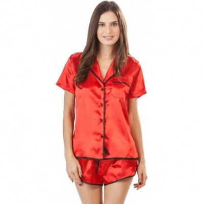 Sets Women's Satin Short Sleeve Pajama Shorts Set - Red - CK12IPXI0ED