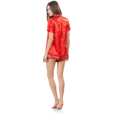 Sets Women's Satin Short Sleeve Pajama Shorts Set - Red - CK12IPXI0ED