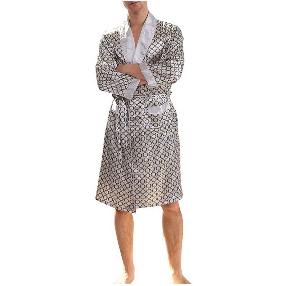 Robes Men Plus Size Faux Silk Sleeping Robes Male Long Sleeve Fashion Printed Bathrobe Silky Men's Luxury Sleepwear - Gray - ...