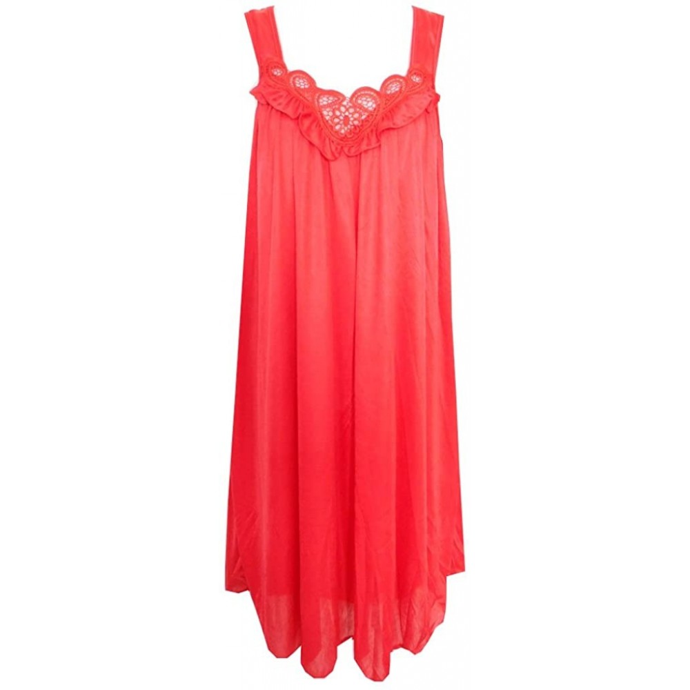 Nightgowns & Sleepshirts Ladies Lace and Ruffle Trim Nylon Gown in 15 Solid Colors Sizes M-3X - Red - C211Q9EAUAV