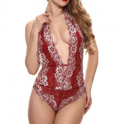 Bustiers & Corsets Womens Halter Lingerie Lace Teddy Bodysuit Nightwear Deep V Lace Babydoll Underwear Plus Size - Wine - CY1...